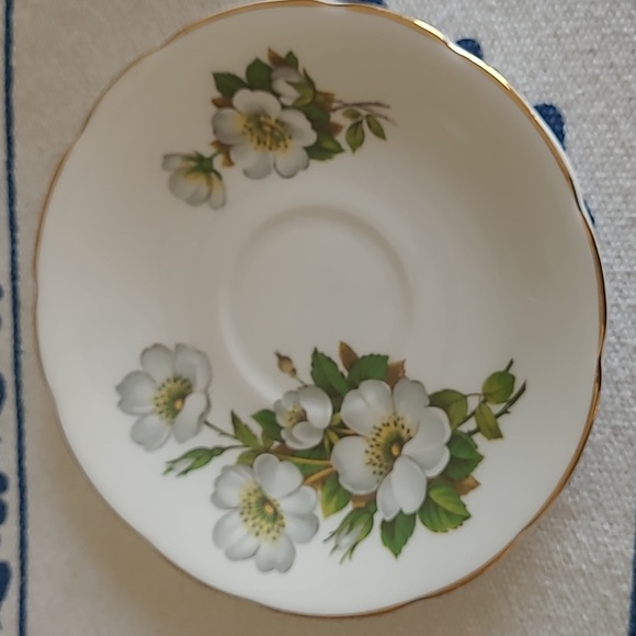 Delphine Bone China Cup & Saucer, England. White Flowers/Green Leaves, Gold Trim - Picture 3 of 5
